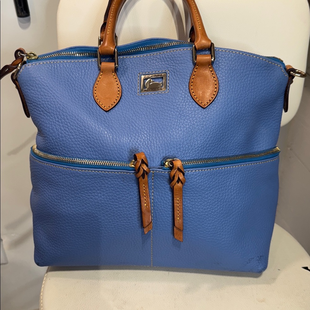 Blue Leather Tote with Tan Trim - Designer Plaque